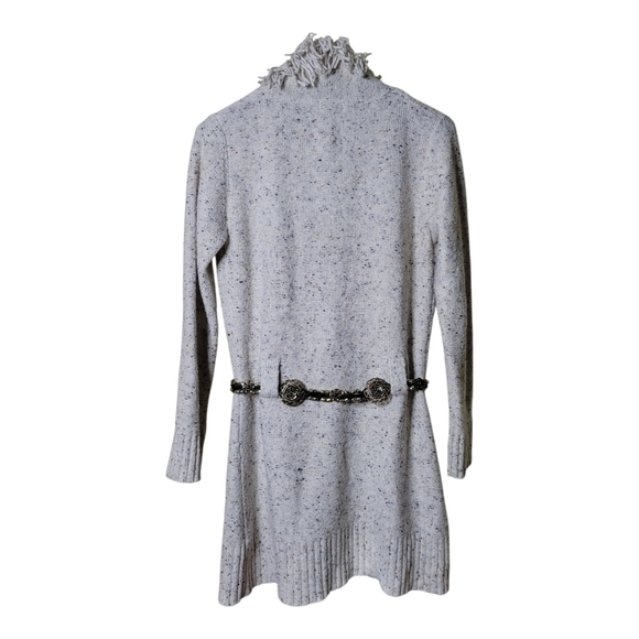 Wet Seal Belted Tunic Length Button Front Cardigan with Fringe Neckline - Picture 4 of 8